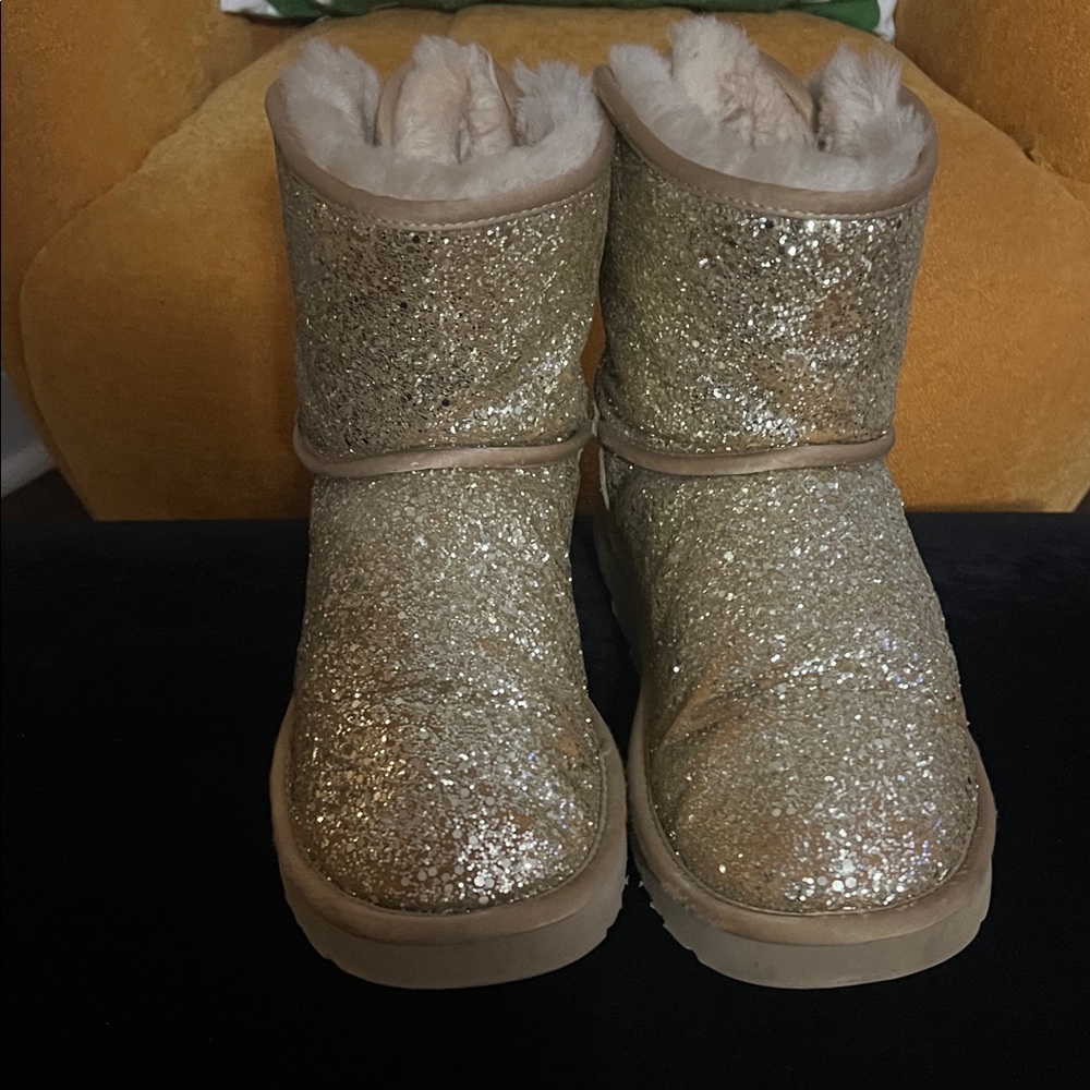 UGG Sparkly Gold and Tan Boots with Bows